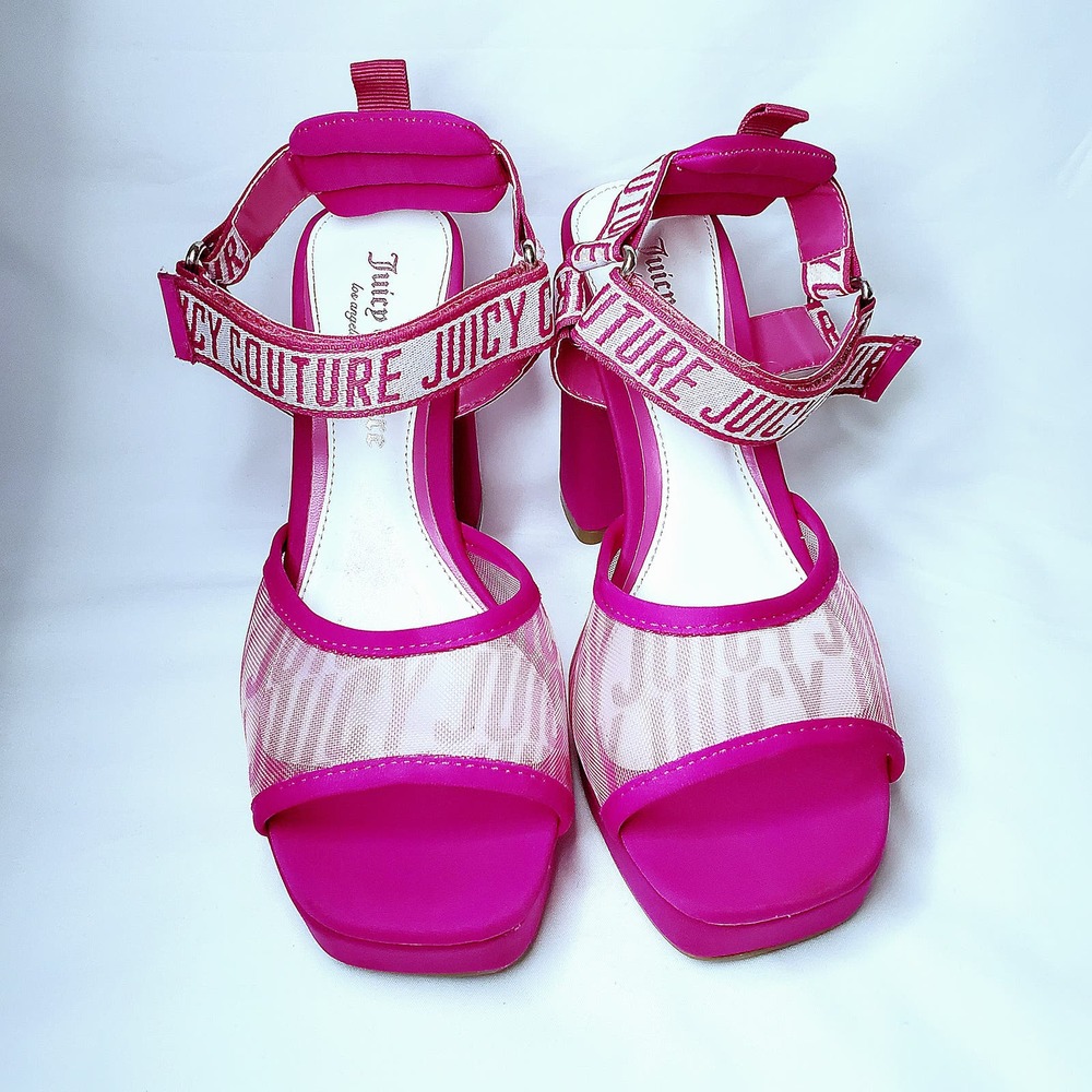 Juicy Couture Pink Strappy Block Platform High Heels w/ Logo 7 Women's Velcro